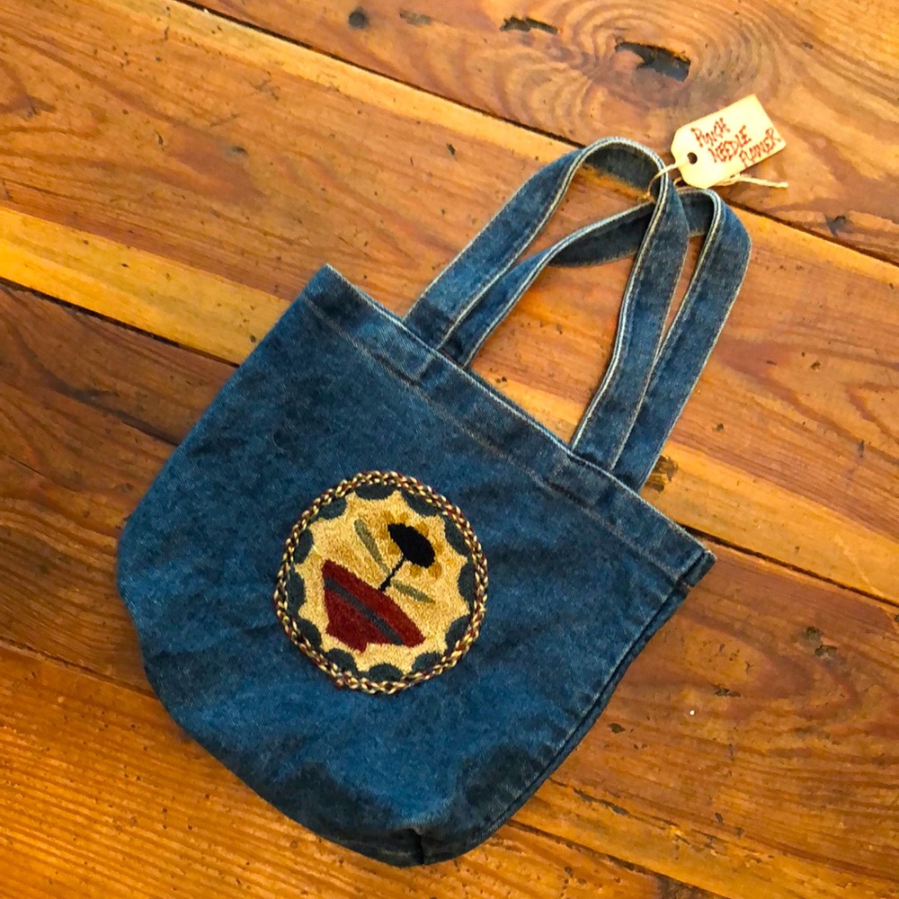 Hand made punch needle denim tote